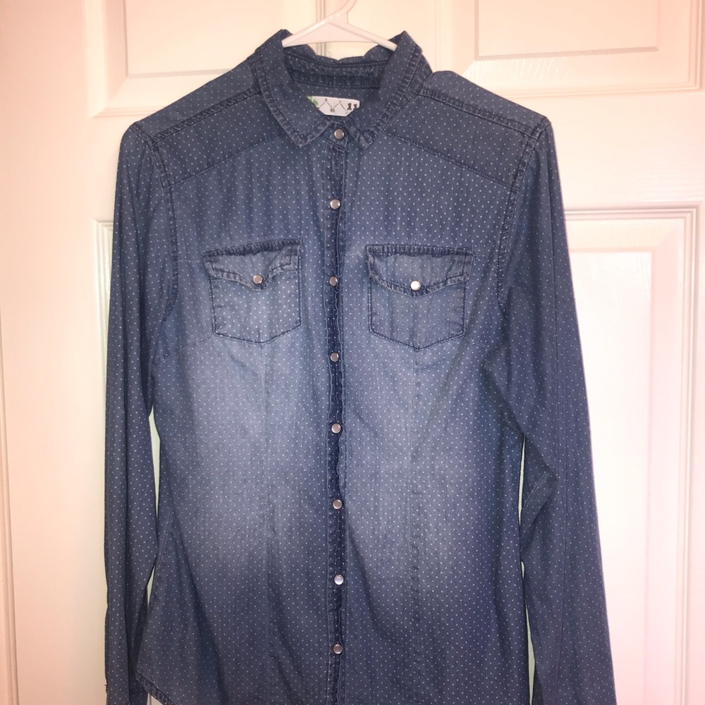 Denim/Cotton,Blue/White Dotted Blouse